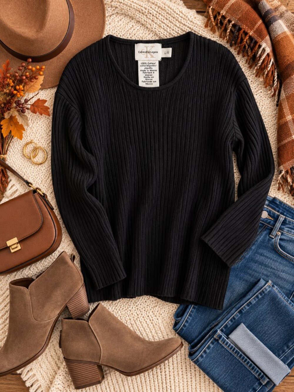 Calvin Klein Jeans Black Cotton Ribbed Scoop Neck Sweater Sz. L #2650
